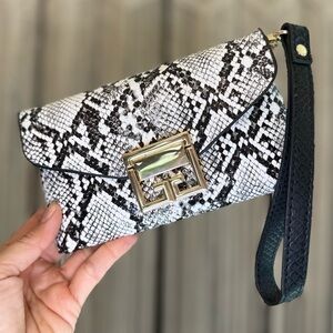 Snakeskin Pattern Convertible Clutch/Wristlet/Belt Bag with Gold Buckle